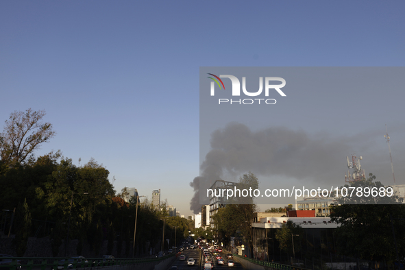 View of fire from Parque Lira in the shoe market in Tepito, Mexico City. 