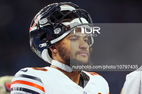 Chicago Bears running back Travis Homer (20) looks down the field ahead of an NFL  football game between the Detroit Lions and the Chicago B...