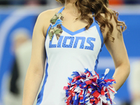 A member of the Detroit Lions cheer squad waits to welcome Lions players to the field ahead of an NFL  football game between the Detroit Lio...