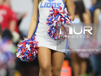 A member of the Detroit Lions cheer squad waits to welcome Lions players to the field ahead of an NFL  football game between the Detroit Lio...