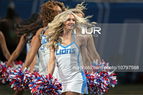 A member of the Detroit Lions cheer squad performs ahead of an NFL  football game between the Detroit Lions and the Chicago Bears in Detroit...