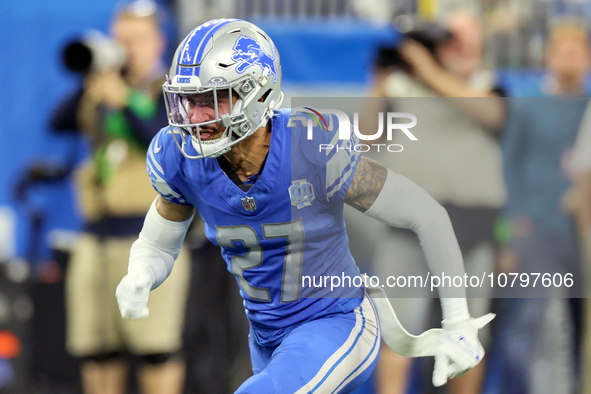 Detroit Lions cornerback Chase Lucas (27) runs during a play in an NFL  football game between the Detroit Lions and the Chicago Bears in Det...