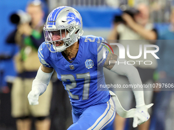 Detroit Lions cornerback Chase Lucas (27) runs during a play in an NFL  football game between the Detroit Lions and the Chicago Bears in Det...