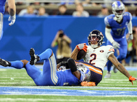 Chicago Bears wide receiver DJ Moore (2) is tackled by Detroit Lions cornerback Jerry Jacobs (23) during  an NFL  football game between the...