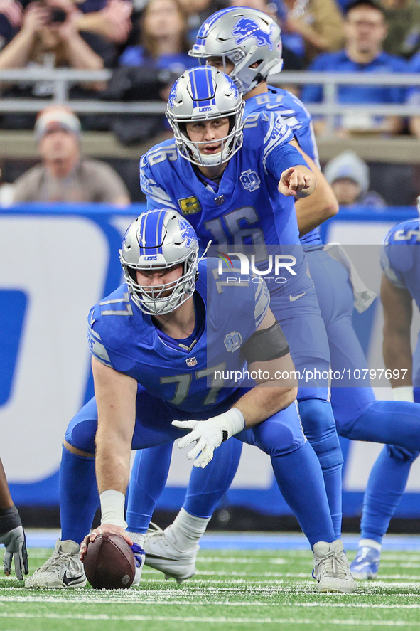 Detroit Lions quarterback Jared Goff (16) calls a play as Detroit Lions center Frank Ragnow (77) prepares to snap the ball during  an NFL  f...