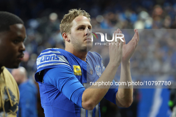 Detroit Lions quarterback Jared Goff (16) walks off the field after the conclusion of an NFL football game between the Chicago Bears and the...