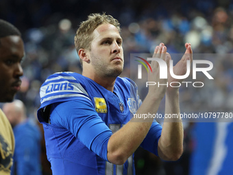 Detroit Lions quarterback Jared Goff (16) walks off the field after the conclusion of an NFL football game between the Chicago Bears and the...