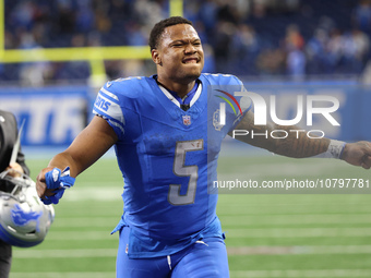 Detroit Lions running back David Montgomery (5) walks off the field after the conclusion of an NFL football game between the Chicago Bears a...