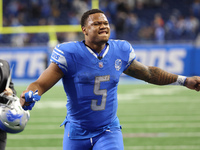 Detroit Lions running back David Montgomery (5) walks off the field after the conclusion of an NFL football game between the Chicago Bears a...