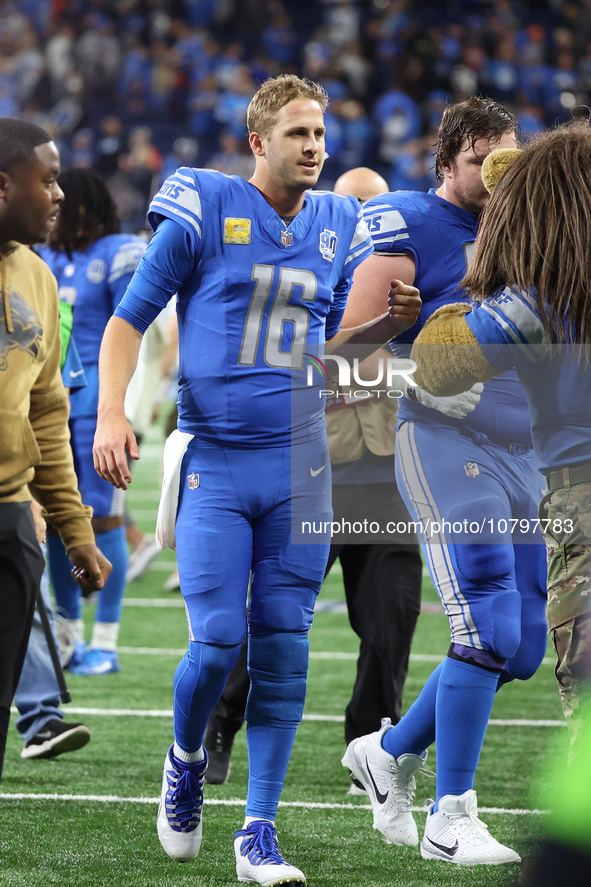 Detroit Lions quarterback Jared Goff (16) walks off the field after the conclusion of an NFL football game between the Chicago Bears and the...