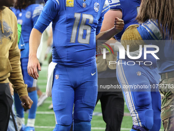 Detroit Lions quarterback Jared Goff (16) walks off the field after the conclusion of an NFL football game between the Chicago Bears and the...