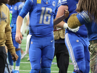 Detroit Lions quarterback Jared Goff (16) walks off the field after the conclusion of an NFL football game between the Chicago Bears and the...