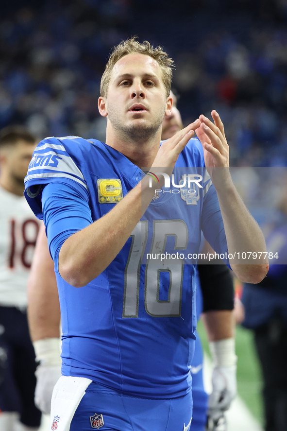 Detroit Lions quarterback Jared Goff (16) walks off the field after the conclusion of an NFL football game between the Chicago Bears and the...