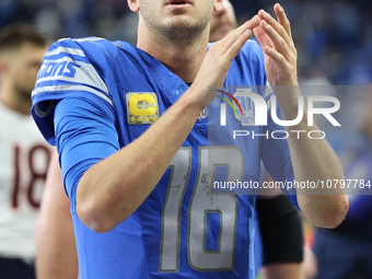 Detroit Lions quarterback Jared Goff (16) walks off the field after the conclusion of an NFL football game between the Chicago Bears and the...