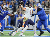 Chicago Bears quarterback Justin Fields (1) looks to pass the ball during  an NFL  football game between the Detroit Lions and the Chicago B...