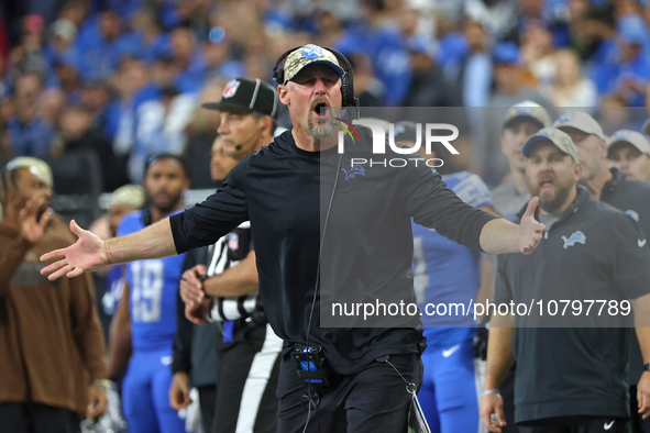 Detroit Lions head coach Dan Campbell reacts to a play during the second half of an NFL football game between the Chicago Bears and the Detr...