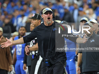 Detroit Lions head coach Dan Campbell reacts to a play during the second half of an NFL football game between the Chicago Bears and the Detr...