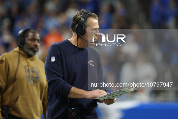 Chicago Bears head coach Matt Eberflus follows the play during the second half of an NFL football game between the Chicago Bears and the Det...