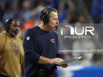 Chicago Bears head coach Matt Eberflus follows the play during the second half of an NFL football game between the Chicago Bears and the Det...