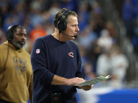 Chicago Bears head coach Matt Eberflus follows the play during the second half of an NFL football game between the Chicago Bears and the Det...