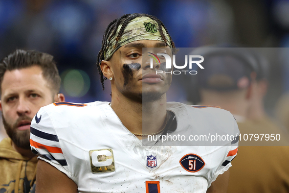 Chicago Bears quarterback Justin Fields (1) is seen during the second half of an NFL football game between the Chicago Bears and the Detroit...