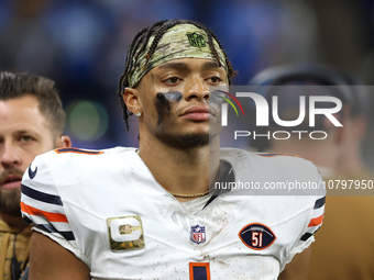 Chicago Bears quarterback Justin Fields (1) is seen during the second half of an NFL football game between the Chicago Bears and the Detroit...