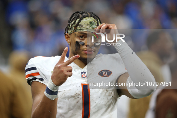 Chicago Bears quarterback Justin Fields (1) is seen during the second half of an NFL football game between the Chicago Bears and the Detroit...