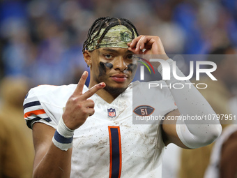 Chicago Bears quarterback Justin Fields (1) is seen during the second half of an NFL football game between the Chicago Bears and the Detroit...