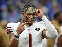 Chicago Bears quarterback Justin Fields (1) is seen during the second half of an NFL football game between the Chicago Bears and the Detroit...