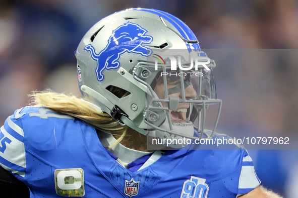 Detroit Lions linebacker Alex Anzalone (34) reacts after a play during an NFL  football game between the Detroit Lions and the Chicago Bears...