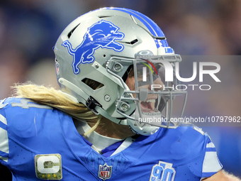 Detroit Lions linebacker Alex Anzalone (34) reacts after a play during an NFL  football game between the Detroit Lions and the Chicago Bears...