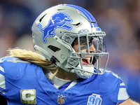 Detroit Lions linebacker Alex Anzalone (34) reacts after a play during an NFL  football game between the Detroit Lions and the Chicago Bears...