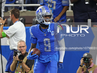 Detroit Lions wide receiver Jameson Williams (9) celebrates his touchdown during the second half of an NFL football game between the Chicago...