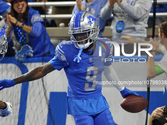 Detroit Lions wide receiver Jameson Williams (9) celebrates his touchdown during the second half of an NFL football game between the Chicago...