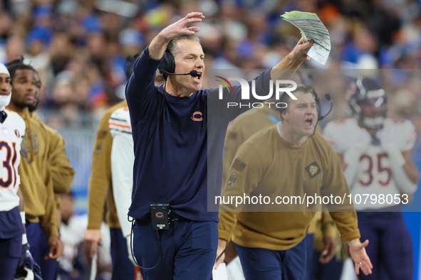 Chicago Bears head coach Matt Eberflus reacts after Detroit Lions intercepted the ball during  an NFL  football game between the Detroit Lio...