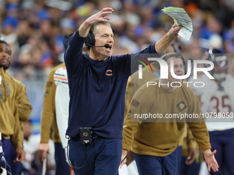 Chicago Bears head coach Matt Eberflus reacts after Detroit Lions intercepted the ball during  an NFL  football game between the Detroit Lio...