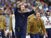 Chicago Bears head coach Matt Eberflus reacts after Detroit Lions intercepted the ball during  an NFL  football game between the Detroit Lio...