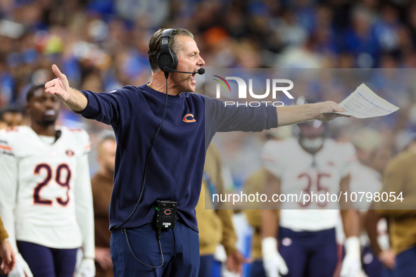 Chicago Bears head coach Matt Eberflus reacts after Detroit Lions intercepted the ball during  an NFL  football game between the Detroit Lio...