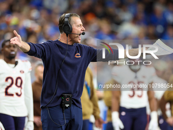 Chicago Bears head coach Matt Eberflus reacts after Detroit Lions intercepted the ball during  an NFL  football game between the Detroit Lio...