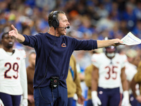 Chicago Bears head coach Matt Eberflus reacts after Detroit Lions intercepted the ball during  an NFL  football game between the Detroit Lio...