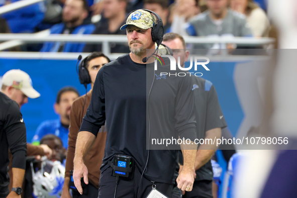 Detroit Lions head coach Dan Campbell looks on from the sidelines during  an NFL  football game between the Detroit Lions and the Chicago Be...