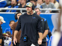 Detroit Lions head coach Dan Campbell looks on from the sidelines during  an NFL  football game between the Detroit Lions and the Chicago Be...