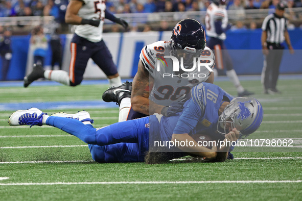 Detroit Lions quarterback Jared Goff (16) is tackled by Chicago Bears defensive end Montez Sweat (98) during the second half of an NFL footb...