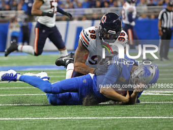 Detroit Lions quarterback Jared Goff (16) is tackled by Chicago Bears defensive end Montez Sweat (98) during the second half of an NFL footb...