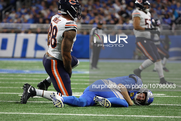 Detroit Lions quarterback Jared Goff (16) is tackled by Chicago Bears defensive end Montez Sweat (98) during the second half of an NFL footb...