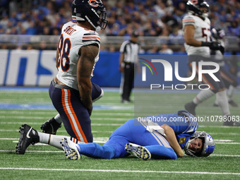 Detroit Lions quarterback Jared Goff (16) is tackled by Chicago Bears defensive end Montez Sweat (98) during the second half of an NFL footb...