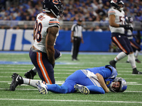 Detroit Lions quarterback Jared Goff (16) is tackled by Chicago Bears defensive end Montez Sweat (98) during the second half of an NFL footb...