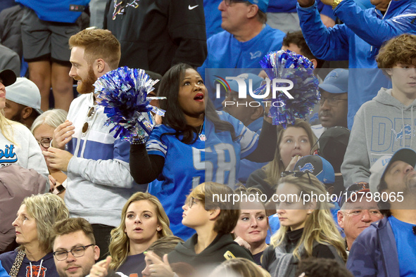 A fan celebrates in the stands after a touchdown and successful kick for the extra point during  an NFL  football game between the Detroit L...