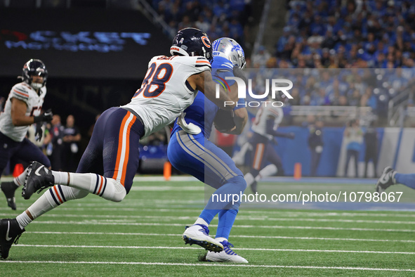 Detroit Lions quarterback Jared Goff (16) is tackled by Chicago Bears defensive end Montez Sweat (98) during the second half of an NFL footb...