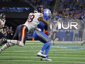 Detroit Lions quarterback Jared Goff (16) is tackled by Chicago Bears defensive end Montez Sweat (98) during the second half of an NFL footb...